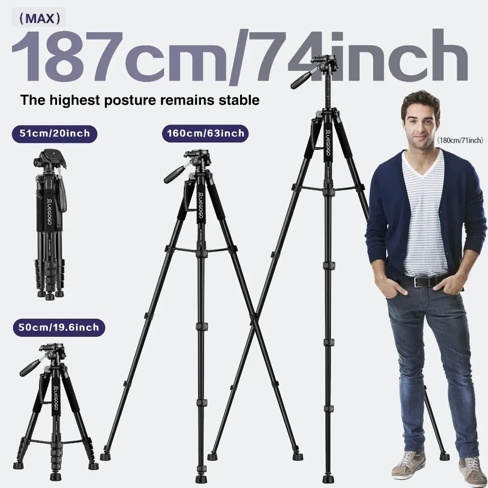 Trépied Professionnel 187cm pour Caméra, Jumelles et Téléphone 360°