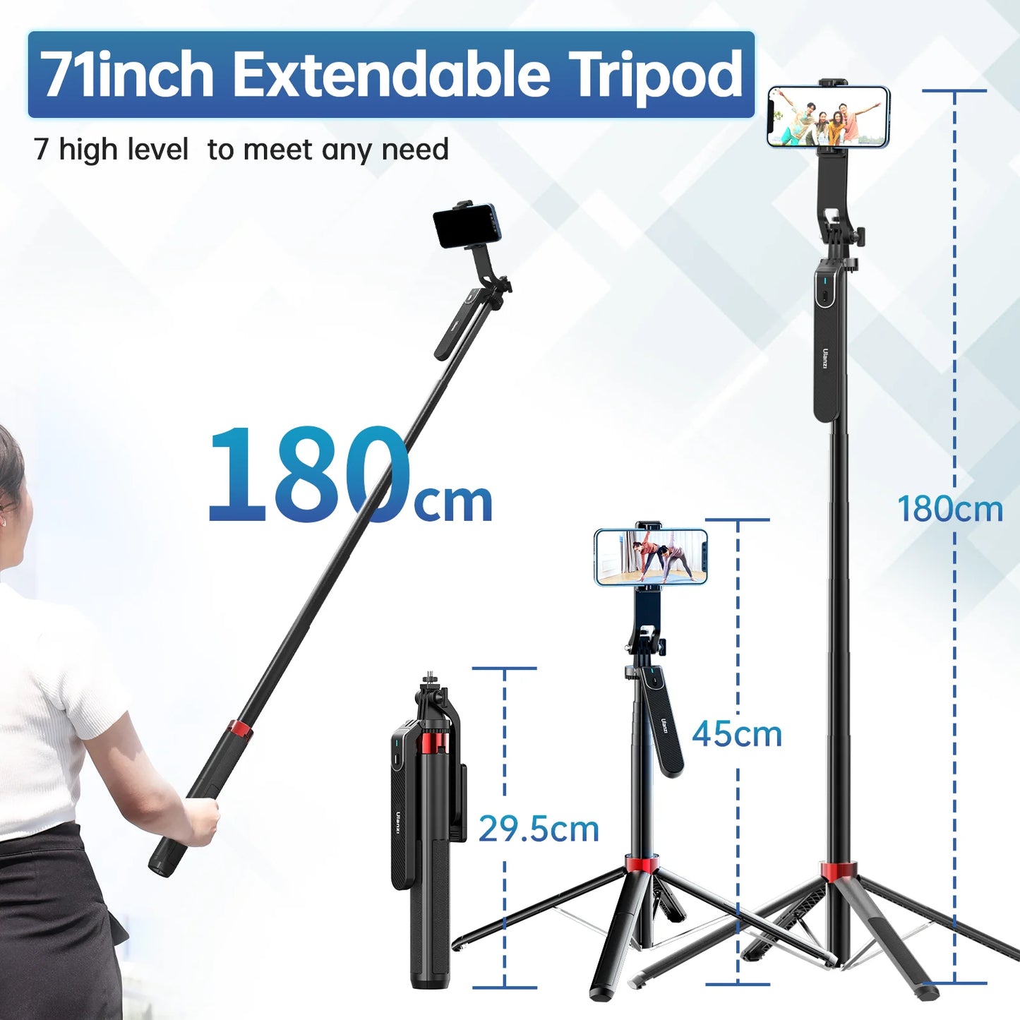Trépied Selfie Stick 1.8m avec Tête Panoramique et Télécommande