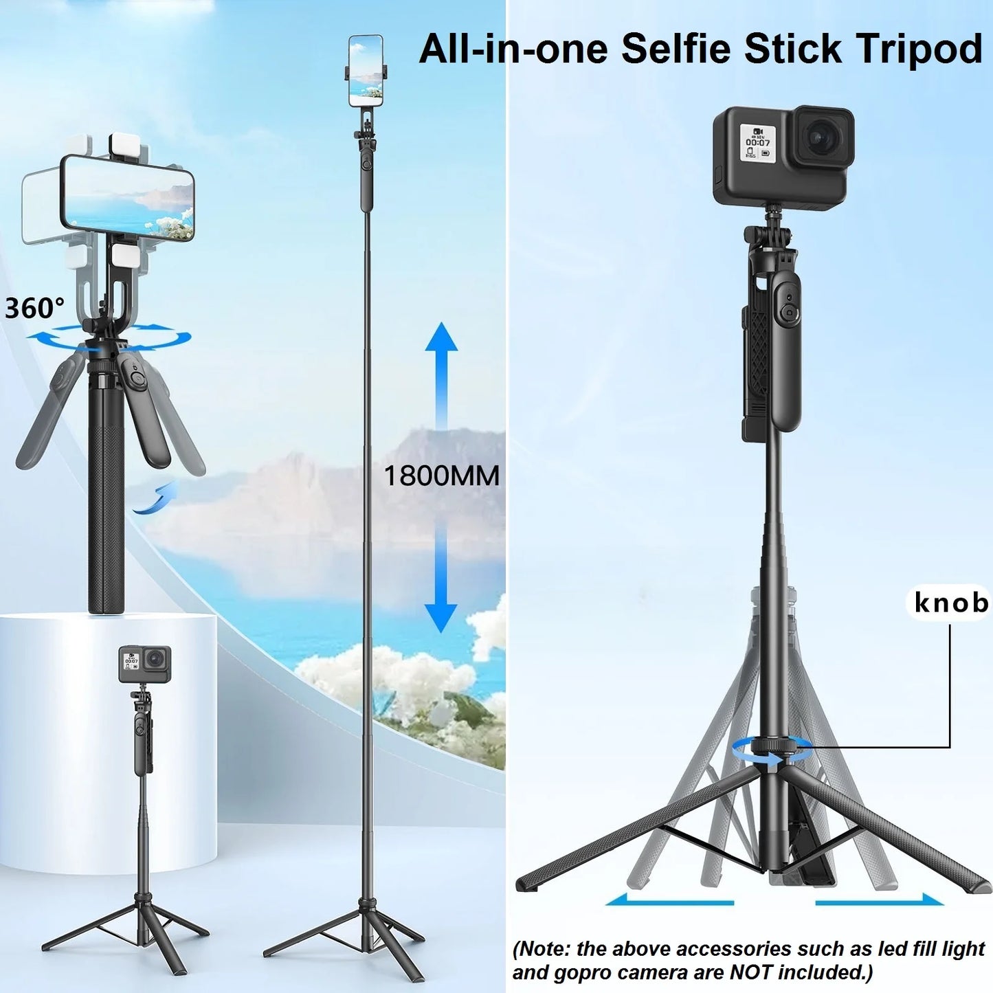 Trépied Selfie Stick Sans Fil 1.8m pour Smartphones et Vidéos Vlog