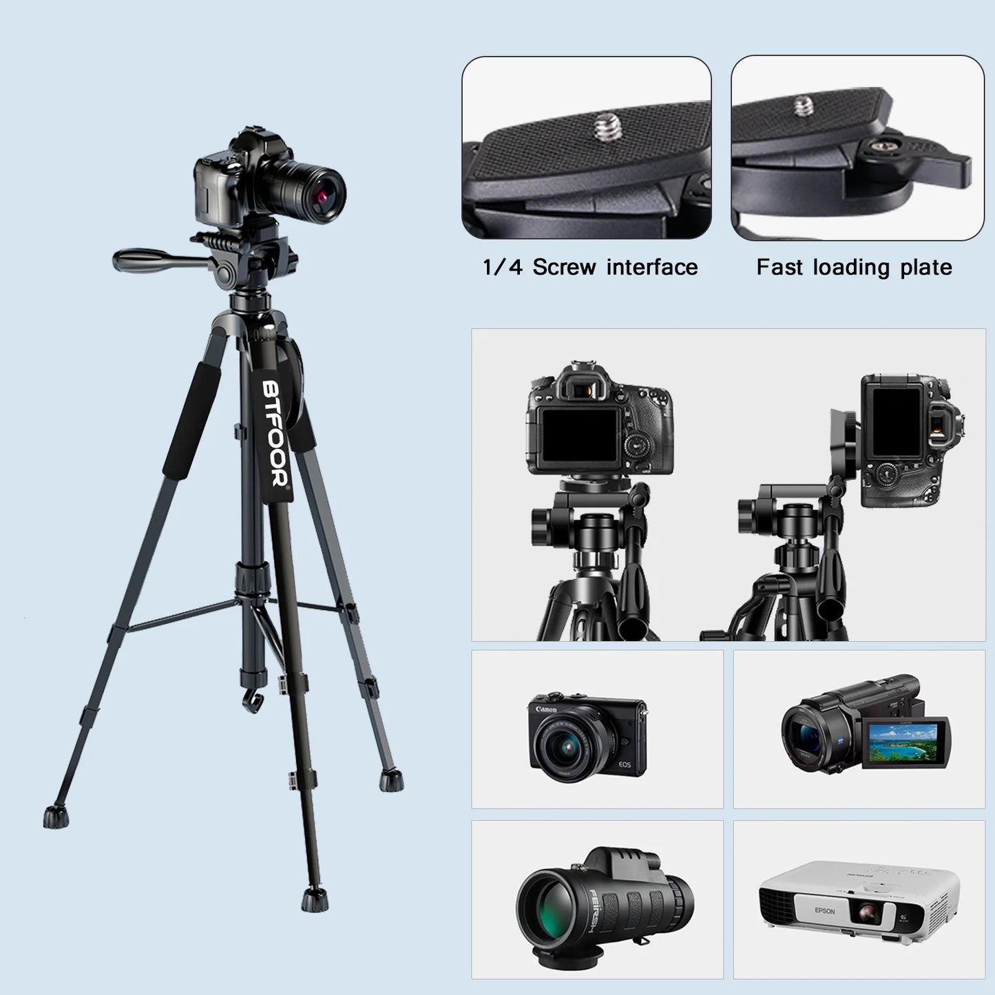 Trépied en Aluminium 55” avec Tête Panoramique pour Appareils Photo et Smartphones