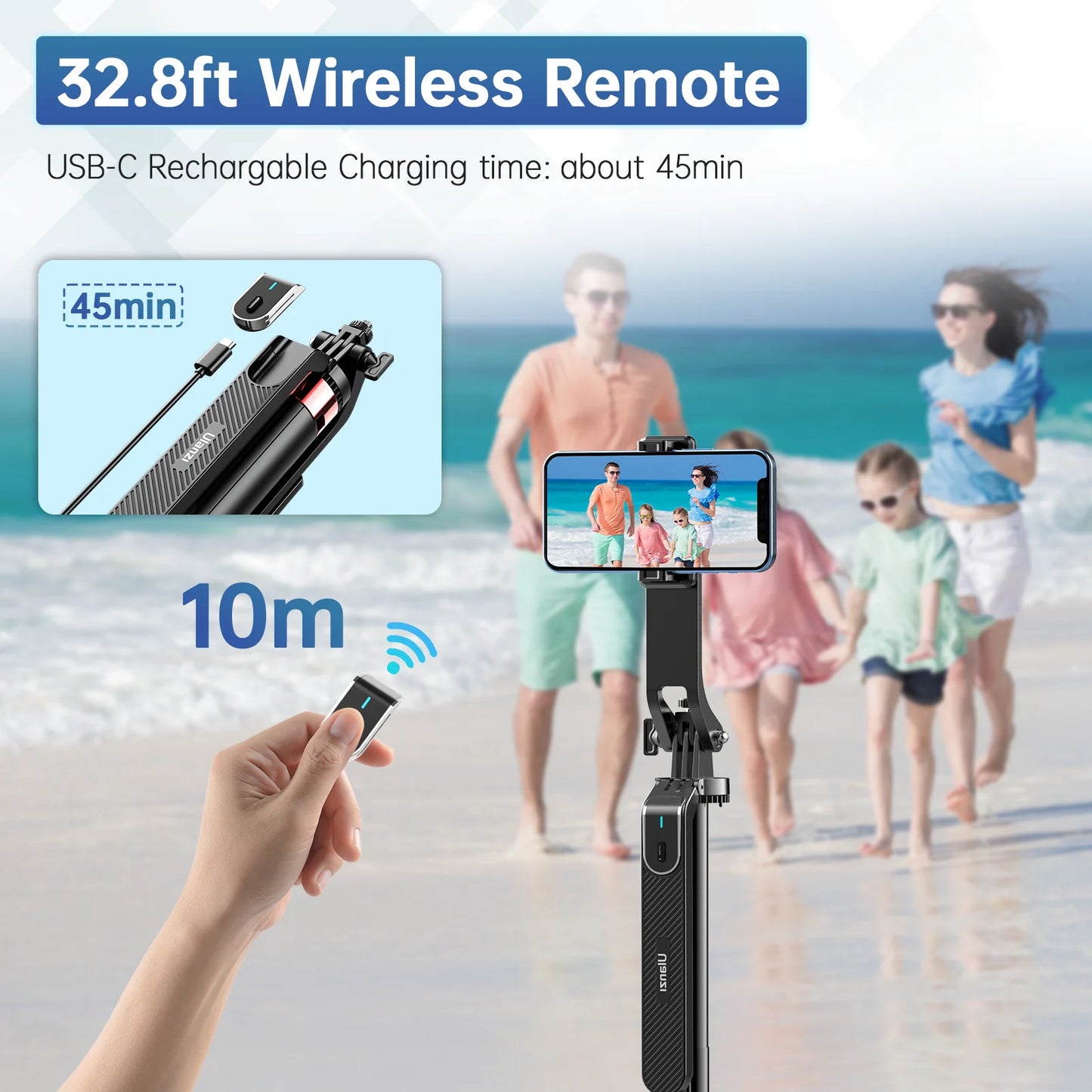 Trépied Selfie Stick 1.8m avec Tête Panoramique et Télécommande