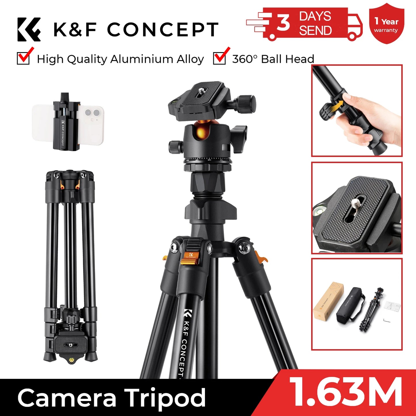 Trépied de Voyage Flexible pour Appareil Photo avec Tête Rotative 360° pour DSLR