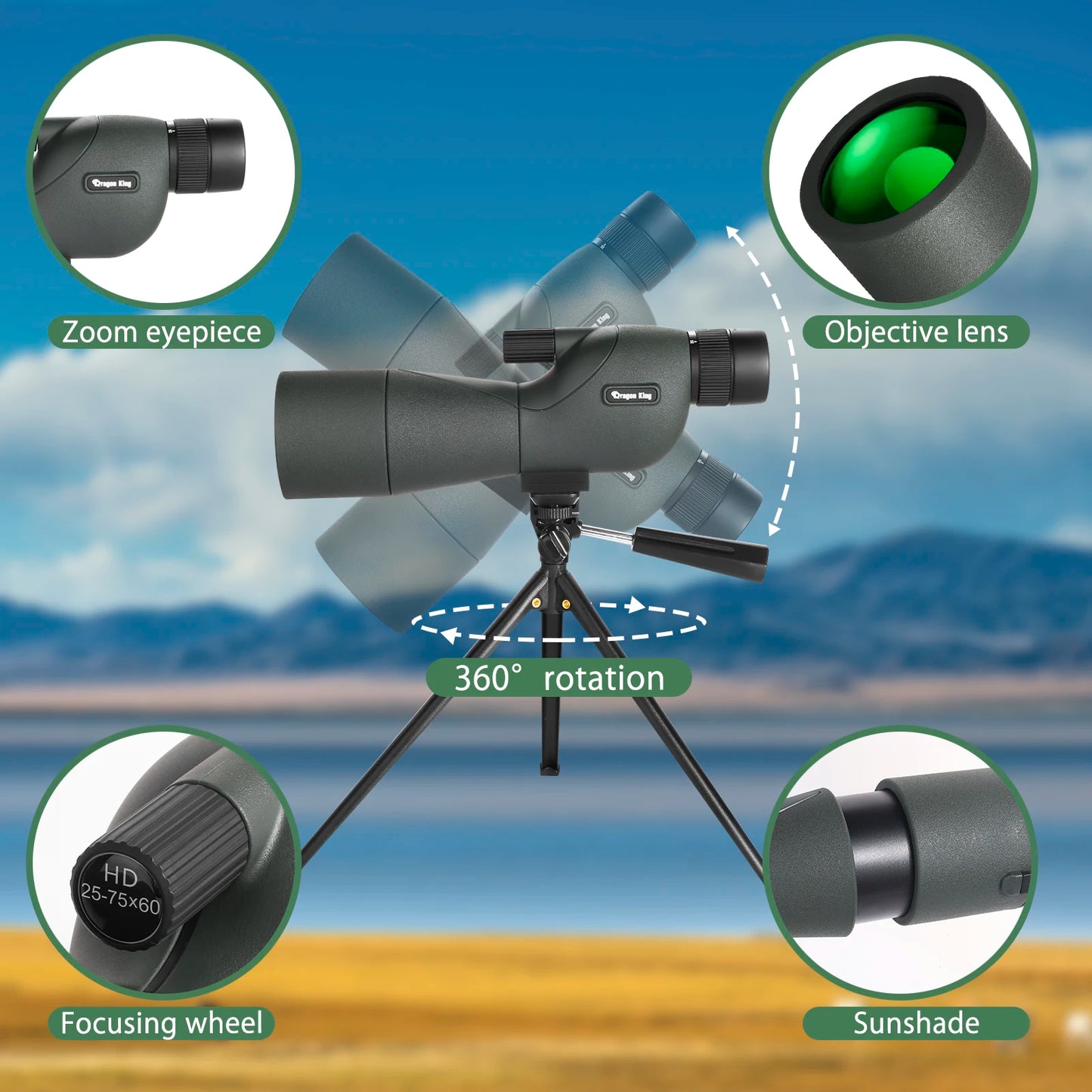 Télescope Monoculaire 25-75x60 avec Zoom Puissant et Étanchéité IPX4