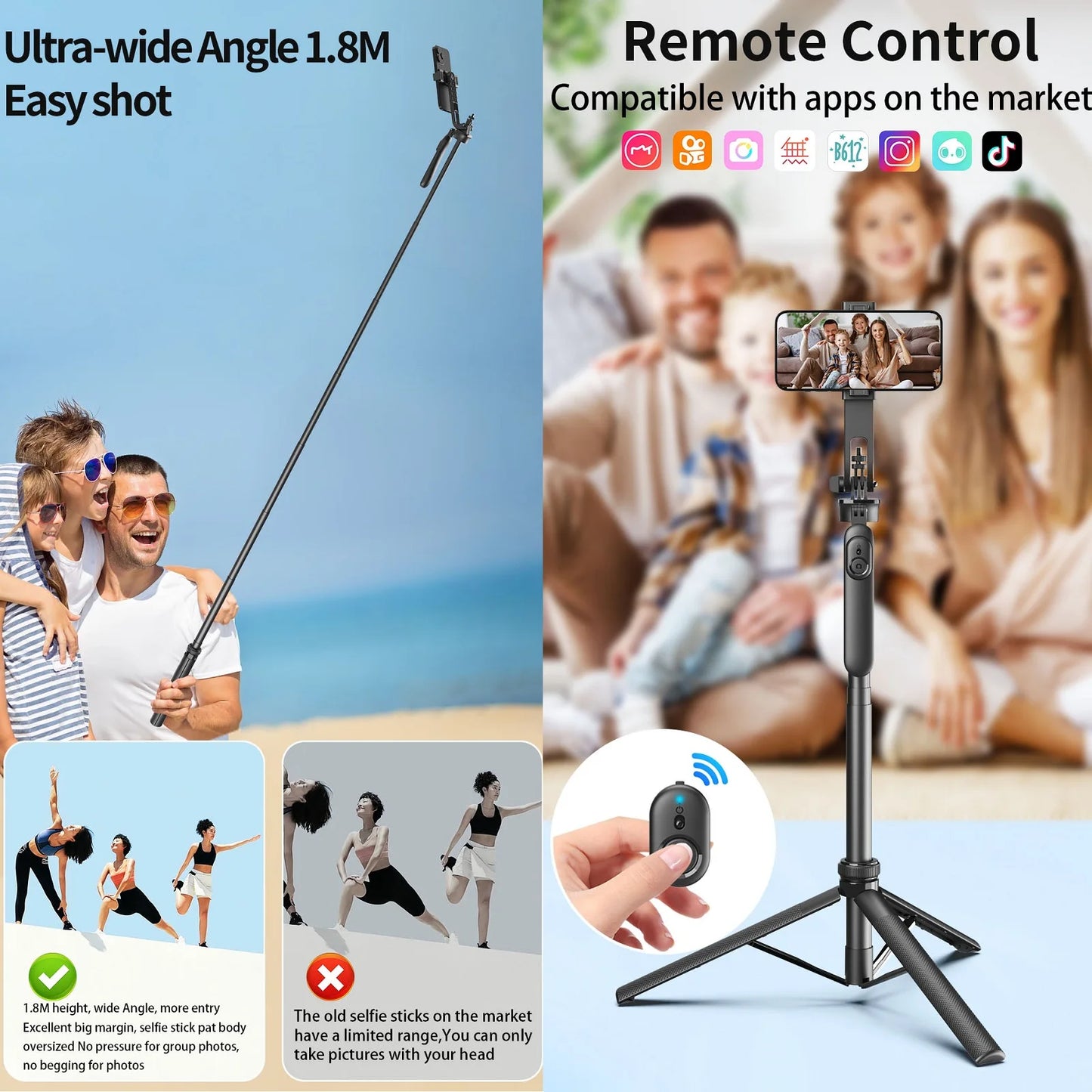 Trépied Selfie Stick Sans Fil 1.8m pour Smartphones et Vidéos Vlog
