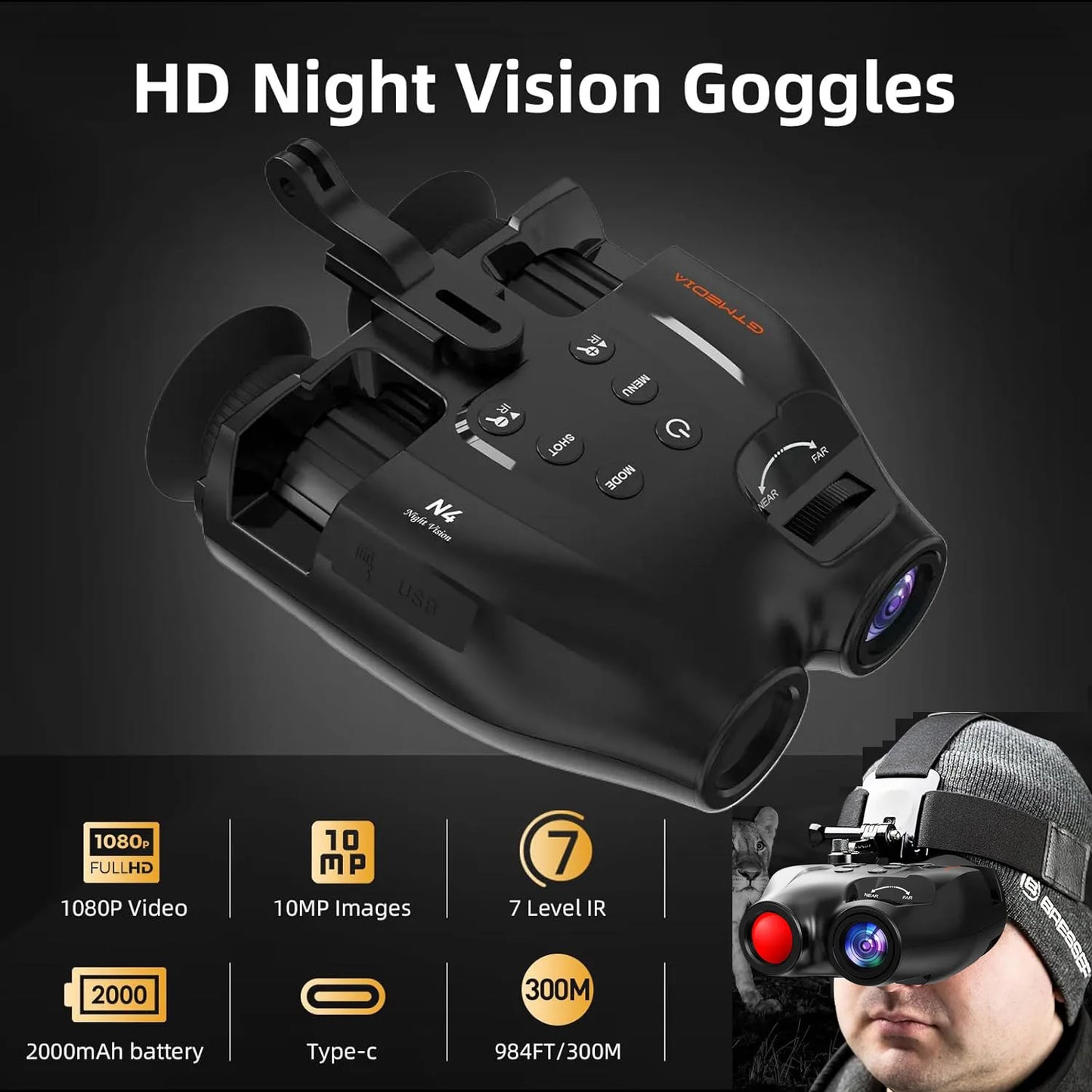Jumelles Vision Nocturne Infrarouge GTMEDIA N4 avec Casque pour Observation à 300m