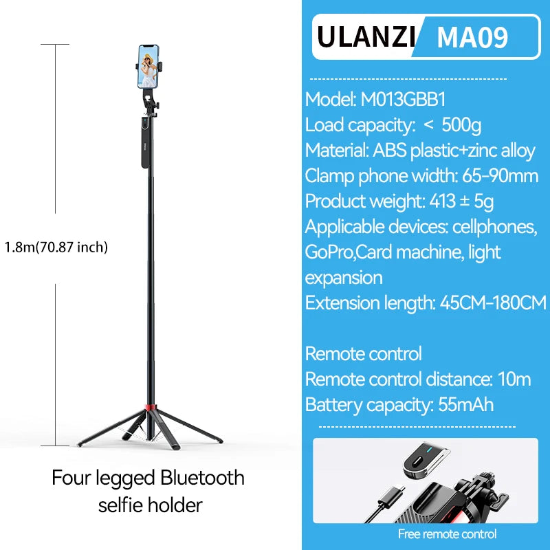 Trépied Selfie Stick 1.8m avec Tête Panoramique et Télécommande
