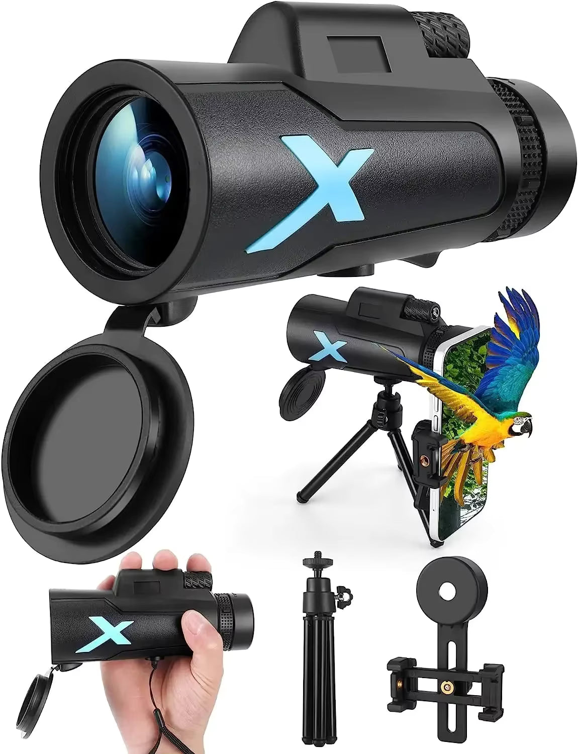 Monoculaire HD 12x50 Étanche avec Trépied et Clip Téléphone