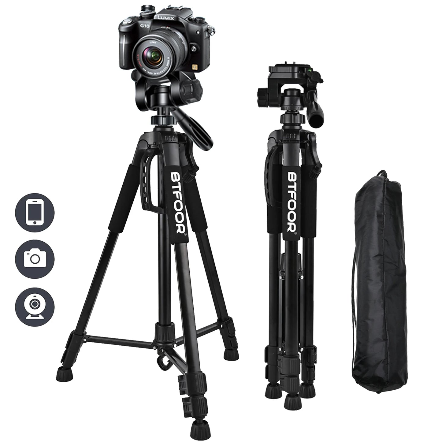 Trépied en Aluminium 55” avec Tête Panoramique pour Appareils Photo et Smartphones