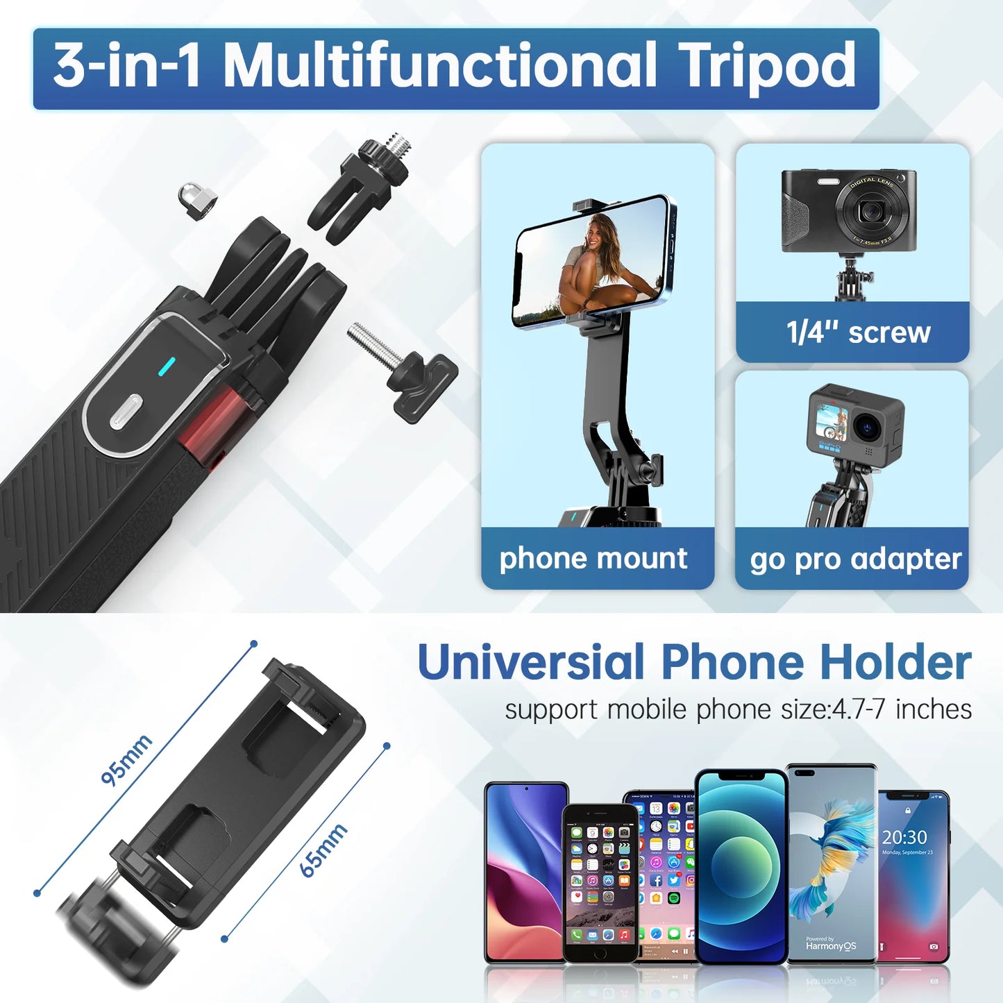 Trépied Selfie Stick 1.8m avec Tête Panoramique et Télécommande