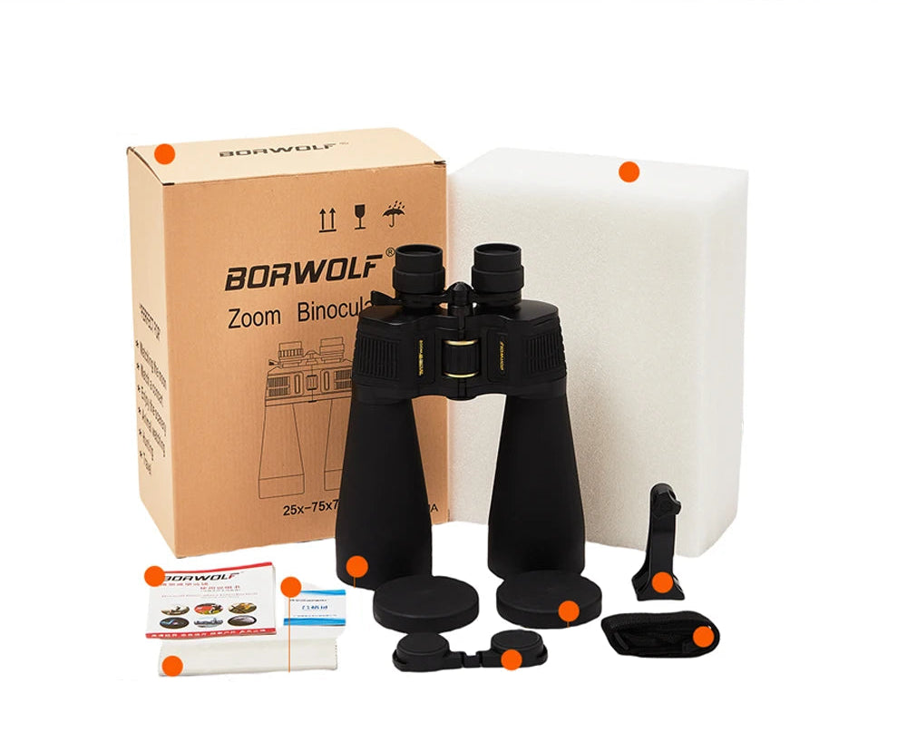 Jumelles haute performance BORWOLF 25-75X70 avec vision nocturne et étanchéité IPX4