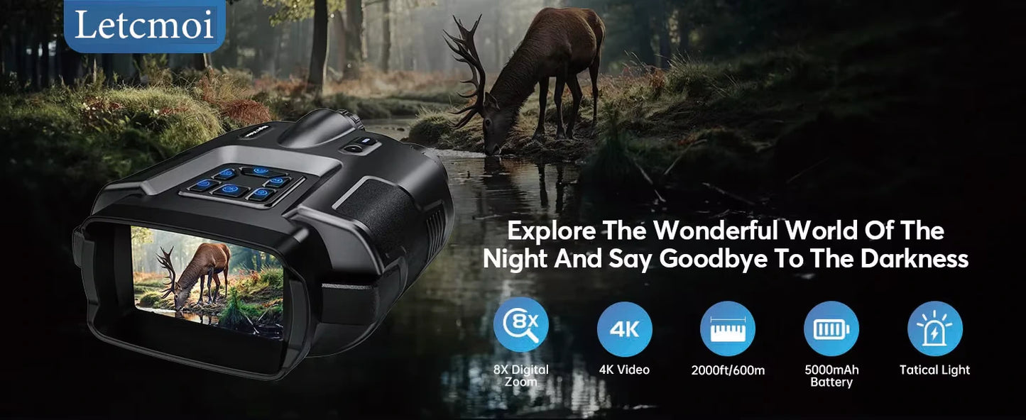 Jumelles Vision Nocturne 4K avec Zoom Numérique 8X et Capteur Infrarouge