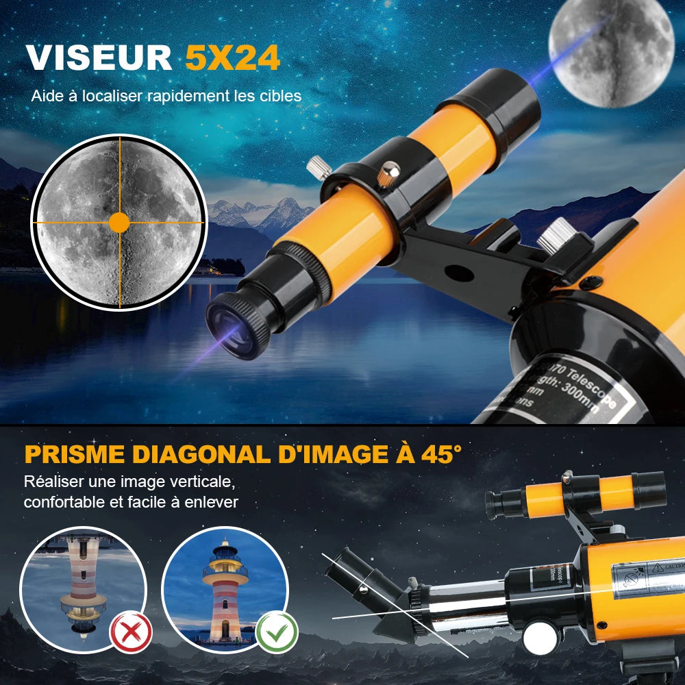 Télescope Réfracteur 150X avec Objectif 70mm et Support Smartphone