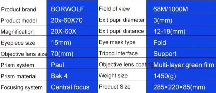 Jumelles Haute Précision BORWOLF 20-60x70 pour Chasse et Astronomie