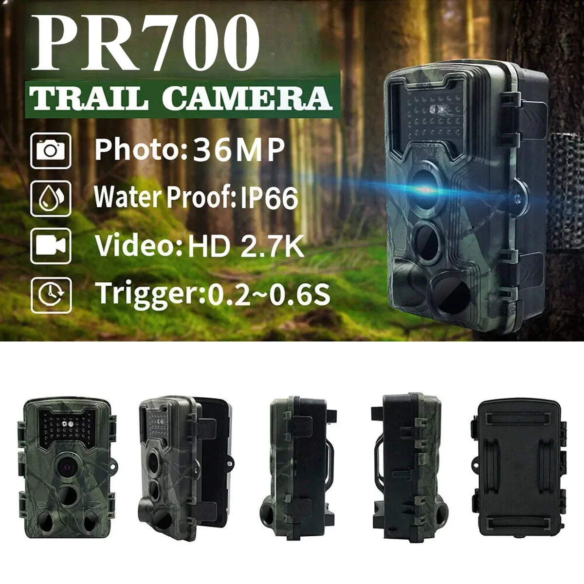 Caméra de Chasse Nocturne PR700 - 36MP avec Vision Infrarouge et Détection Rapide