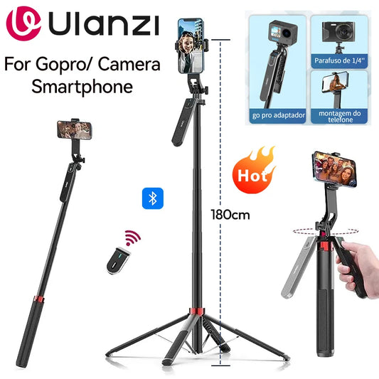 Trépied Selfie Stick 1.8m avec Tête Panoramique et Télécommande